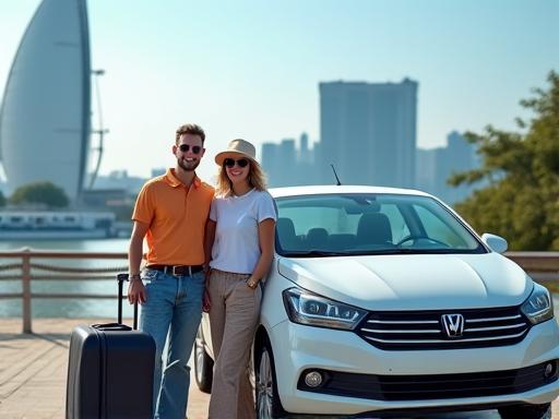A happy couple standing next to a rental car with luggage.